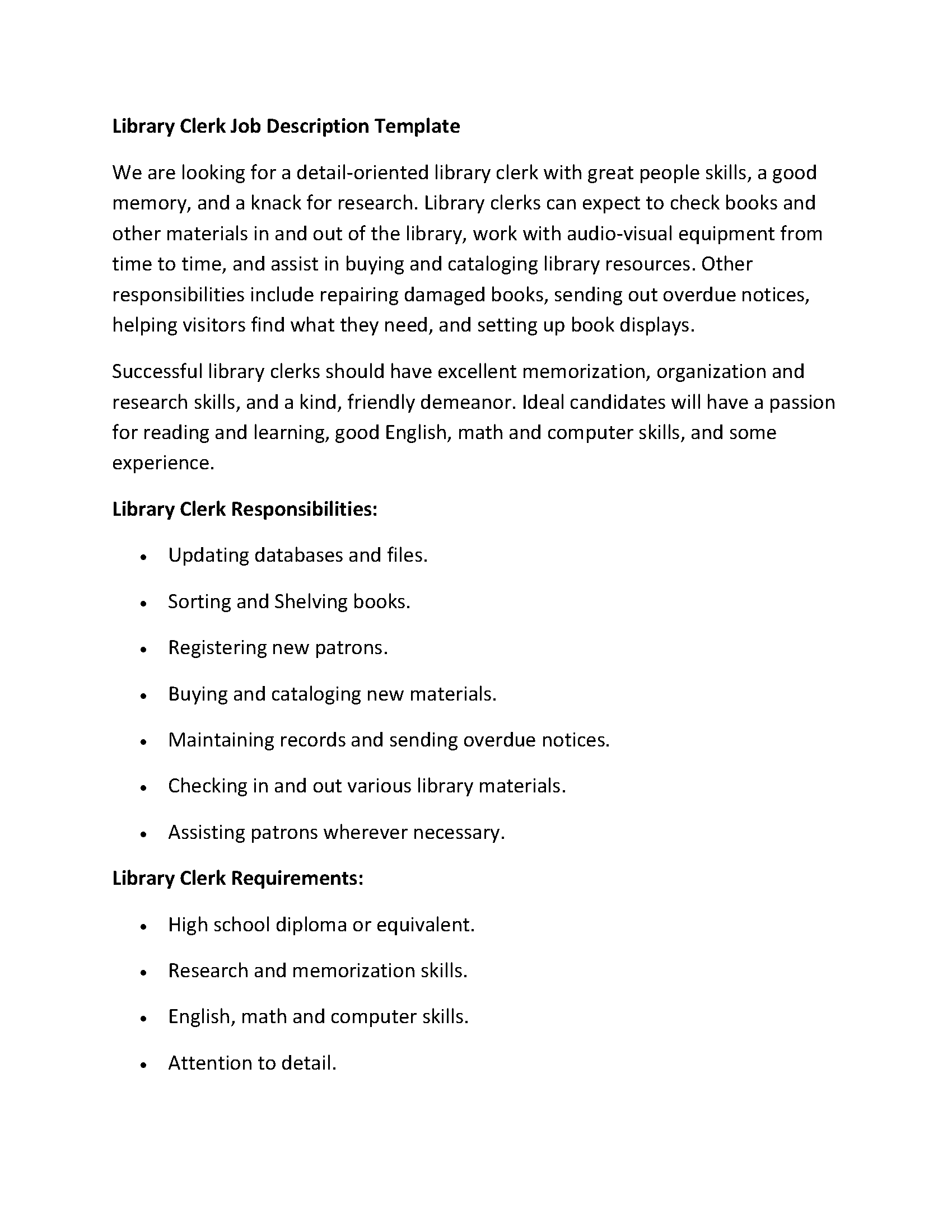 Library Clerk Job Description Template